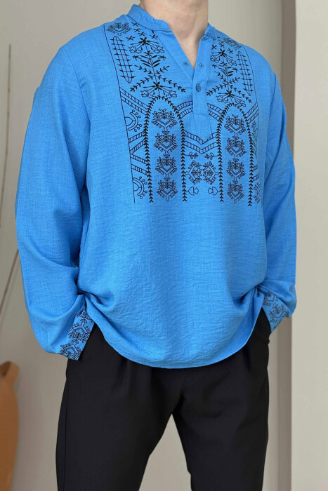 SIMPLE FRONT DESIGN BUTTONED NECK MEN SHIRT BLUE/BLU - 3