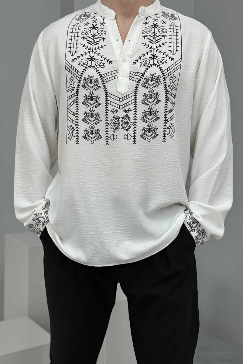 SIMPLE FRONT DESIGN BUTTONED NECK MEN SHIRT WHITE-E BARDHE - 3