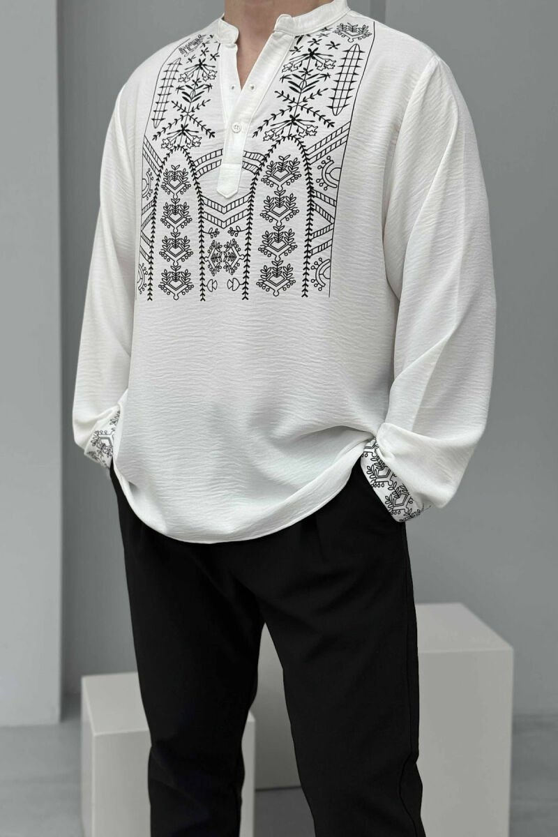 SIMPLE FRONT DESIGN BUTTONED NECK MEN SHIRT WHITE-E BARDHE - 4