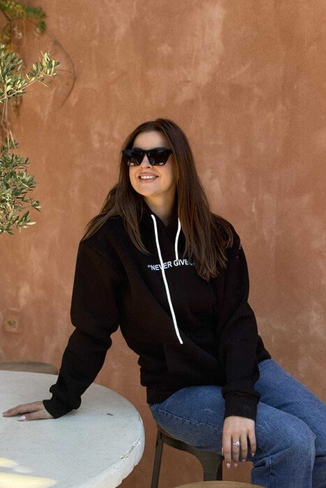 SIMPLE FRONT WRITTING FLUFFY WOMEN HOODIE BLACK/ E ZEZE - 1