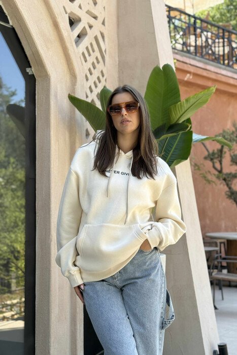 SIMPLE FRONT WRITTING FLUFFY WOMEN HOODIE CREAM/KREM - 1