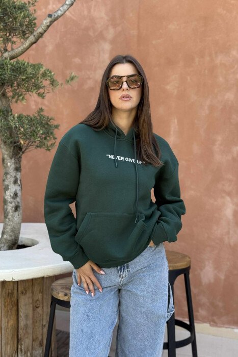 SIMPLE FRONT WRITTING FLUFFY WOMEN HOODIE GREEN/JESHILE - KLAUDIO FASHION