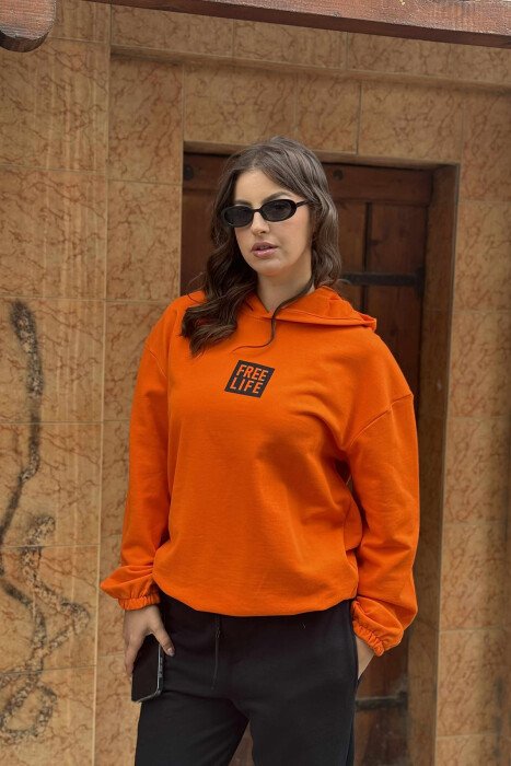 SIMPLE FRONT WRITTING HOODIE+JOGGERS WOMEN SET ORANGE+BLACK/POZE - 3