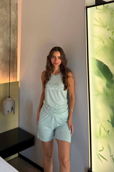 SIMPLE FRONT WRITTING TANK TOP+SHORTS WOMEN PYJAMAS MINT/MENTE - KLAUDIO FASHION