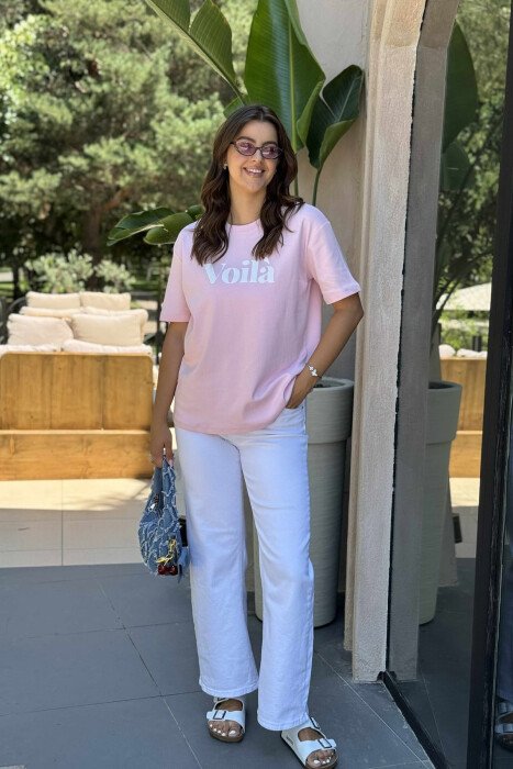 SIMPLE FRONT WRITTING WOMEN T-SHIRT BABY PINK/ROZB - KLAUDIO FASHION