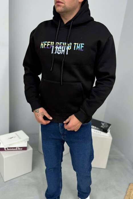 SIMPLE FRONT WRITTINGS FLUFFY MEN HOODIE BLACK/ E ZEZE - 1