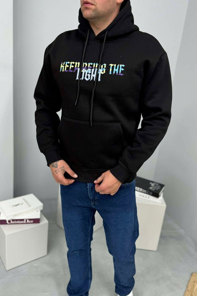 SIMPLE FRONT WRITTINGS FLUFFY MEN HOODIE BLACK/ E ZEZE - 1