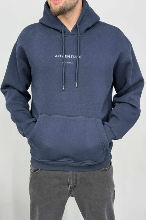 SIMPLE FRONT WRITTINGS FLUFFY MEN HOODIE DARK BLUE/BEE - 1