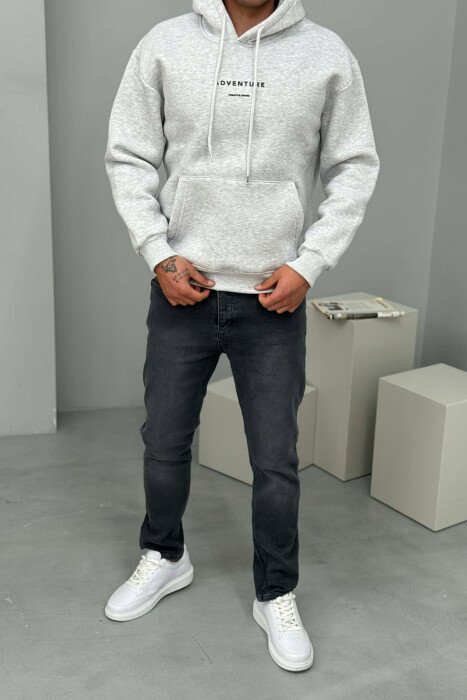 SIMPLE FRONT WRITTINGS FLUFFY MEN HOODIE LIGHT GREY/GZ - 