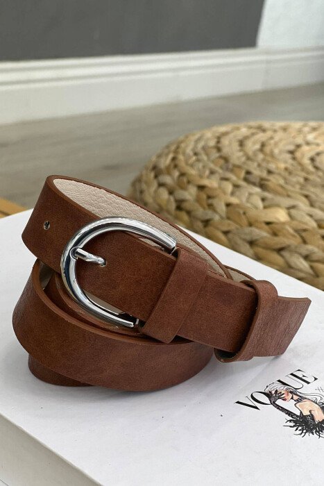 SIMPLE HALF MOON WOMEN BELT LIGHT BROWN+SILVER/KAFE ZB+ARGJEND - KLAUDIO FASHION