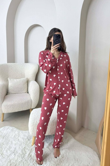 SIMPLE HEARTS DESIGN SHIRT+TROUSERS WOMEN PYJAMAS VINEGAR/UTHULL - KLAUDIO FASHION