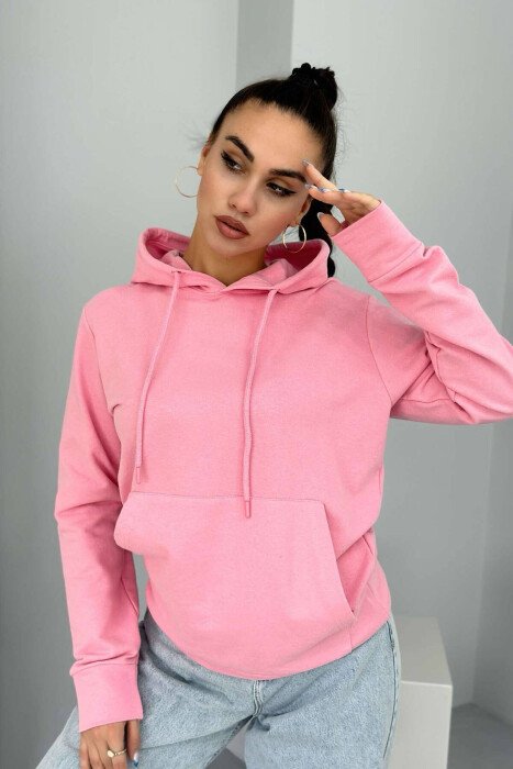SIMPLE HOOD COTTON WOMAN HOODIE PINK/ROZE - KLAUDIO FASHION