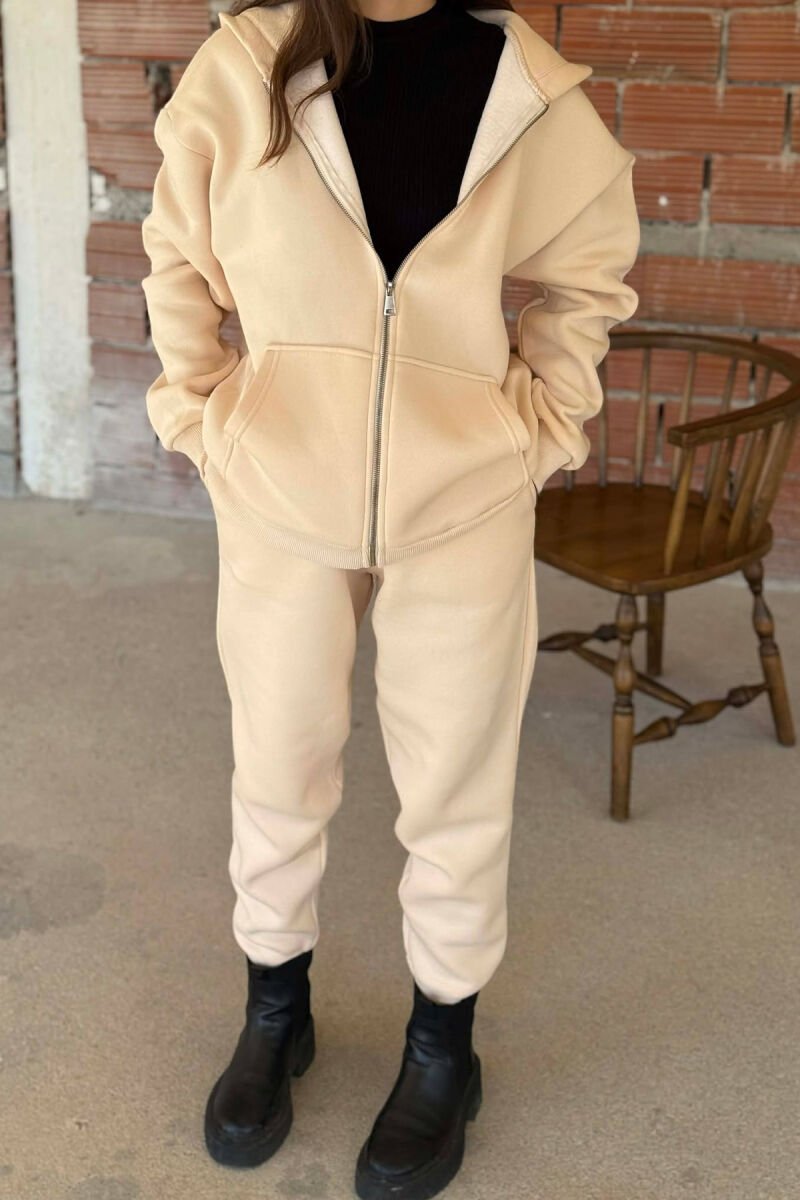 SIMPLE HOODED WOMEN FLUFFY SET CREAM/KREM - 1