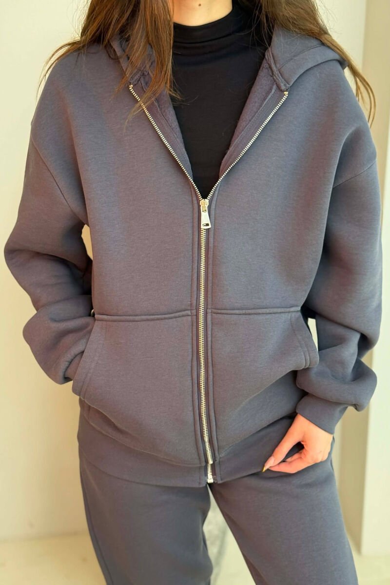 SIMPLE HOODED WOMEN FLUFFY SET DARK GREY/GEE - 2