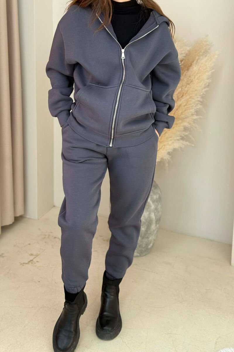 SIMPLE HOODED WOMEN FLUFFY SET DARK GREY/GEE - 4