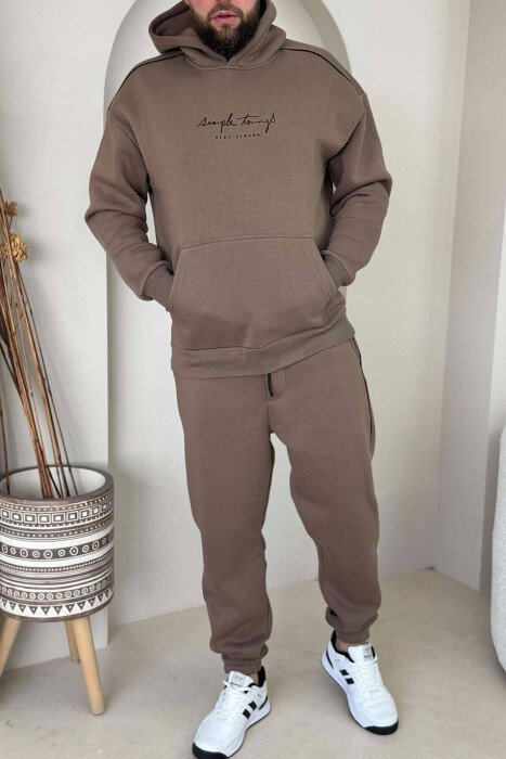 SIMPLE HOODED MEN FLUFFY SET LIGHT BROWN/KAZB - KLAUDIO FASHION
