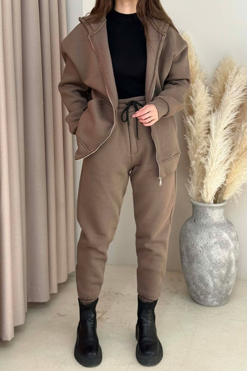SIMPLE HOODED WOMEN FLUFFY SET LIGHT BROWN/KAZB - 1