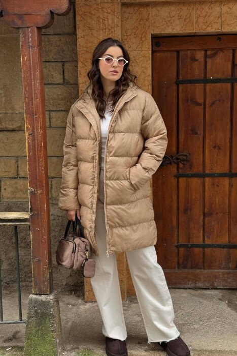 SIMPLE HOODED WOMEN PUFFER JACKET BEIGE/BEZHE - KLAUDIO FASHION