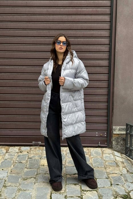SIMPLE HOODED WOMEN PUFFER JACKET LIGHT GREY/GZ - KLAUDIO FASHION
