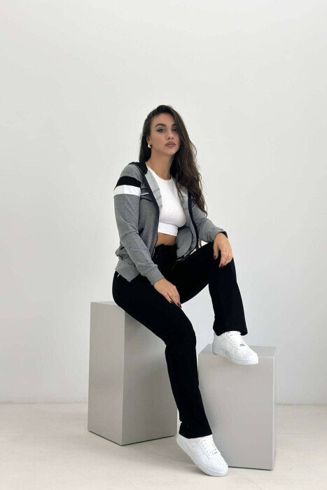 SIMPLE JACKET+SWEATPANTS WOMEN SET GREY/BLACK-GRZE - KLAUDIO FASHION