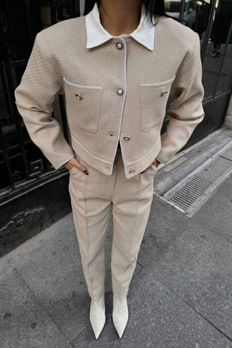 SIMPLE KNITTED CROPPED JACKET+TROUSERS WOMEN SET BEIGE/BEZHE - KLAUDIO FASHION