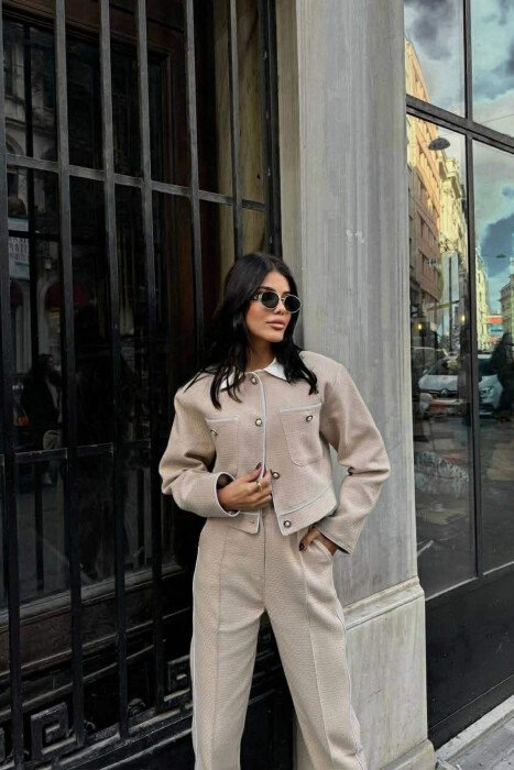 SIMPLE KNITTED CROPPED JACKET+TROUSERS WOMEN SET BEIGE/BEZHE - 2