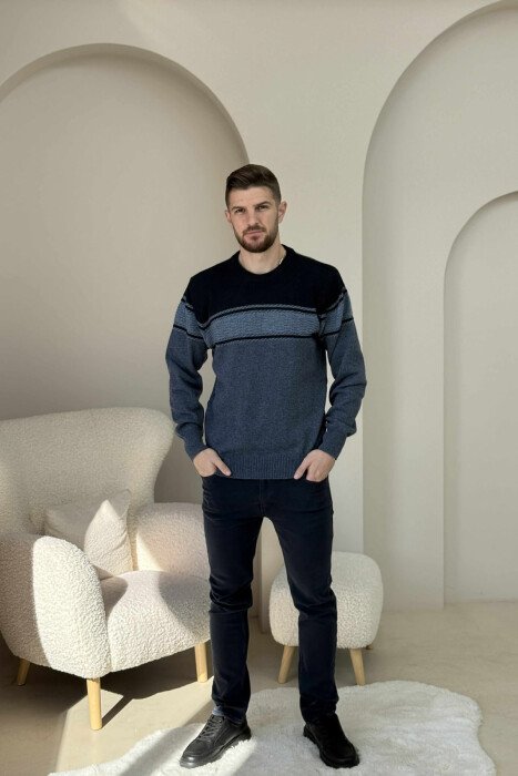 SIMPLE KNITTED MEN SWEATER DARK BLUE/BEE - 2