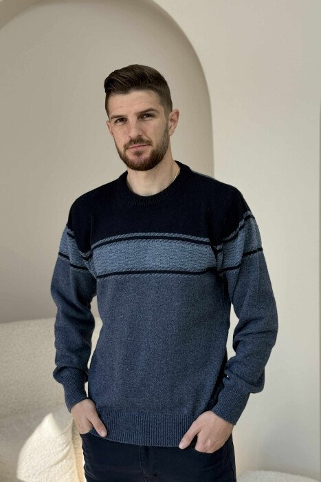 SIMPLE KNITTED MEN SWEATER DARK BLUE/BEE - 3