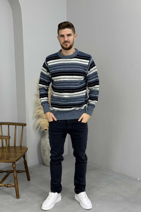 SIMPLE KNITTED STRIPES MEN SWEATER LIGHTBLUE/BZ - 2