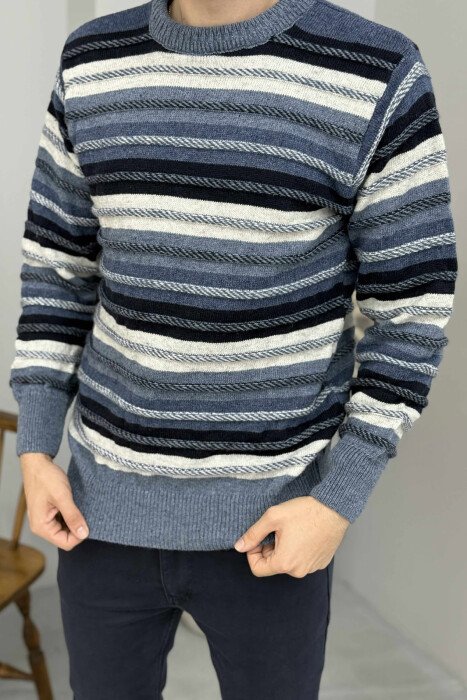 SIMPLE KNITTED STRIPES MEN SWEATER LIGHTBLUE/BZ - 1