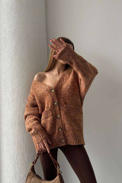 SIMPLE KNITTED WOMEN CARDIGAN BROWN/KAFE - KLAUDIO FASHION