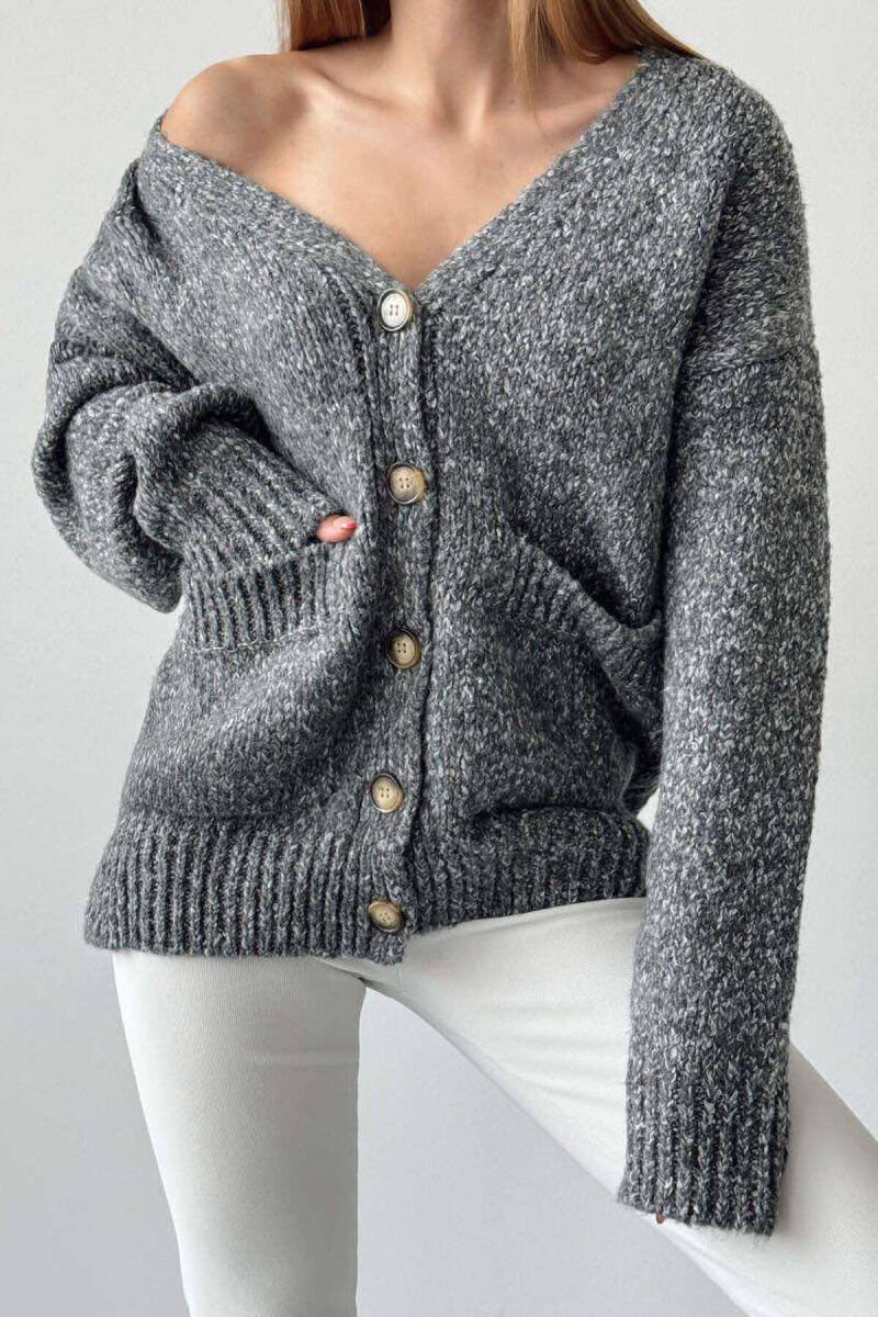 SIMPLE KNITTED WOMEN CARDIGAN GREY/GRI - 1