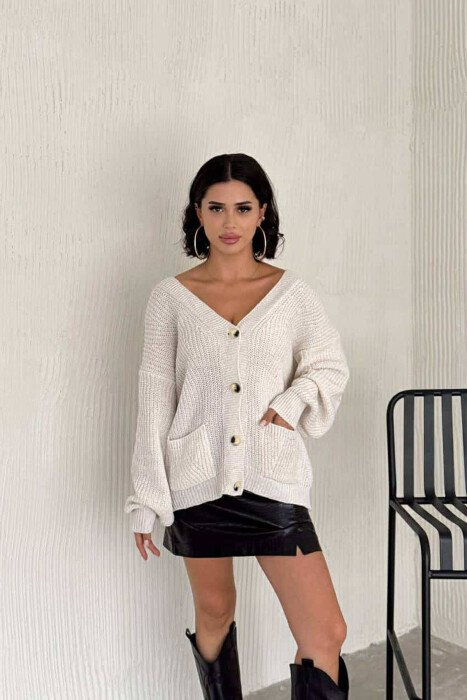 SIMPLE KNITTED WOMEN CARDIGAN WHITE-E BARDHE - KLAUDIO FASHION