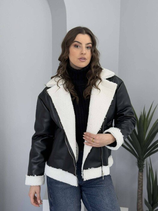 SIMPLE LEATHER FLUFFY WOMEN JACKET BLACK/ E ZEZE - KLAUDIO FASHION