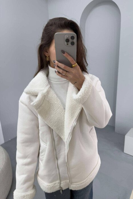 SIMPLE LEATHER FLUFFY WOMEN JACKET WHITE-E BARDHE - KLAUDIO FASHION