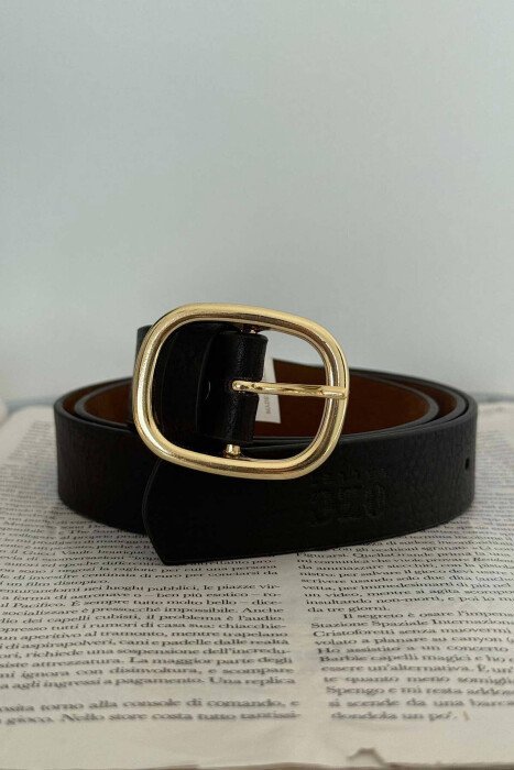 SIMPLE LEATHER OVAL BUCKLE WOMEN BELT BLACK+GOLD/ZEGO - KLAUDIO FASHION