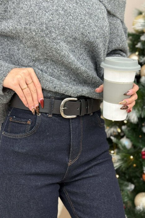 SIMPLE LEATHER OVAL BUCKLE WOMEN BELT BLACK+SILVER/ZEZE+ARGJEND - KLAUDIO FASHION
