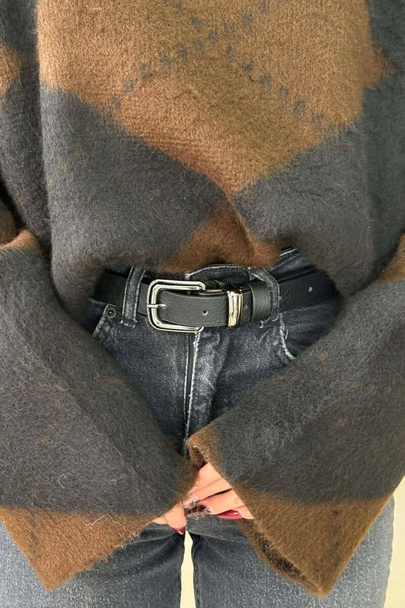 SIMPLE LEATHER WOMEN BELT BLACK+SILVER/ZEZE+ARGJEND - 2