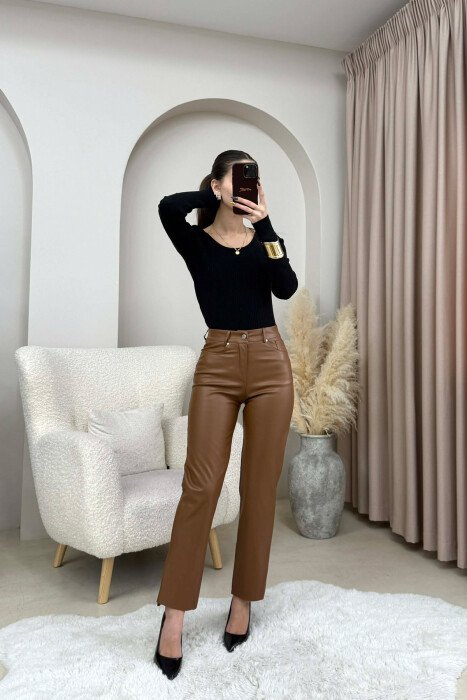 SIMPLE LEATHER WOMEN TROUSERS BROWN/KAFE - 2