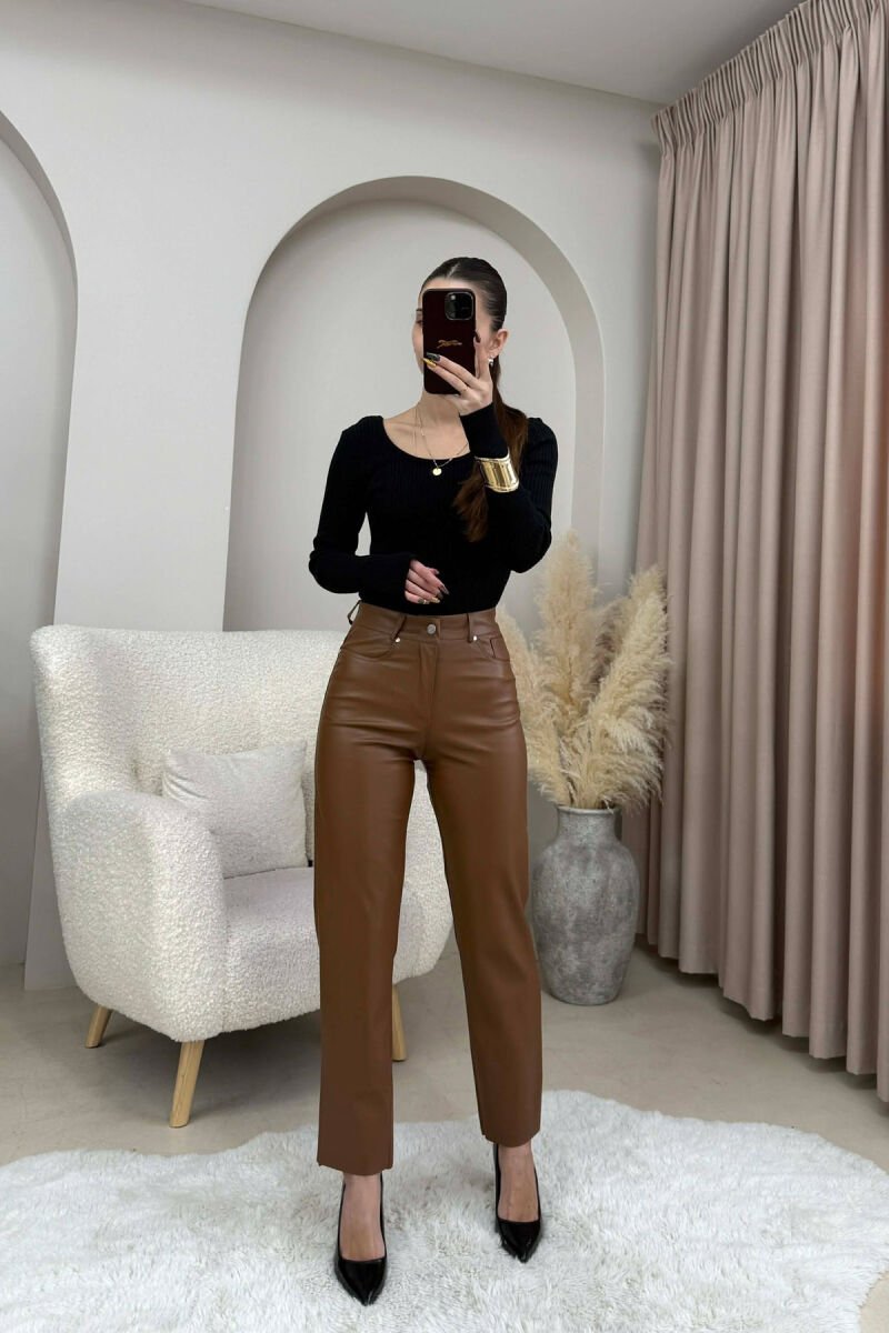 SIMPLE LEATHER WOMEN TROUSERS BROWN/KAFE - 3