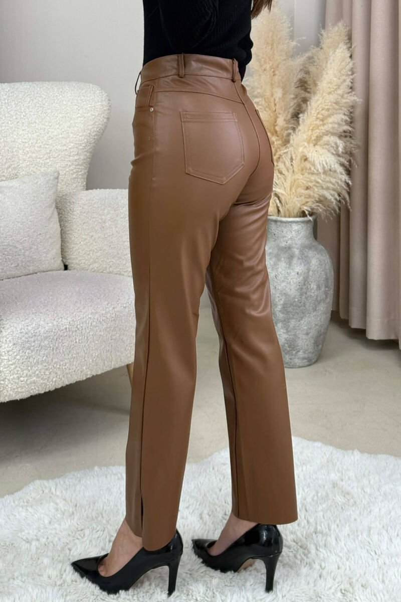 SIMPLE LEATHER WOMEN TROUSERS BROWN/KAFE - 5