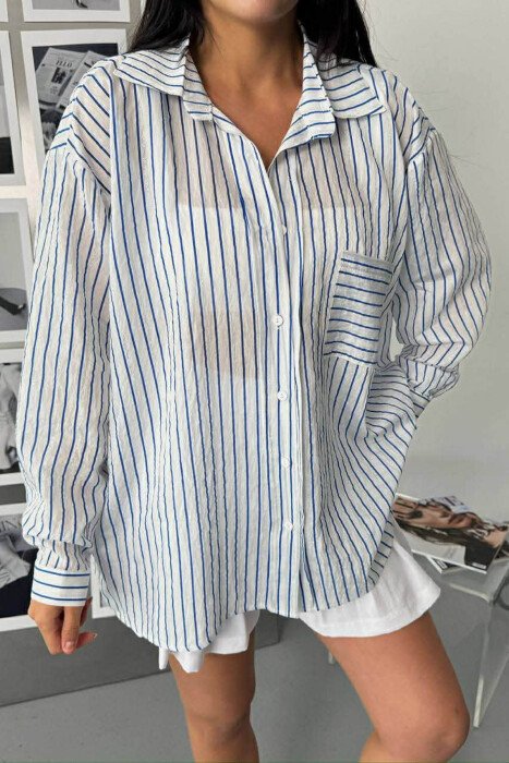 SIMPLE LINES PATTERN FRONT POCKET WOMEN SHIRT BLUE/BLU - 