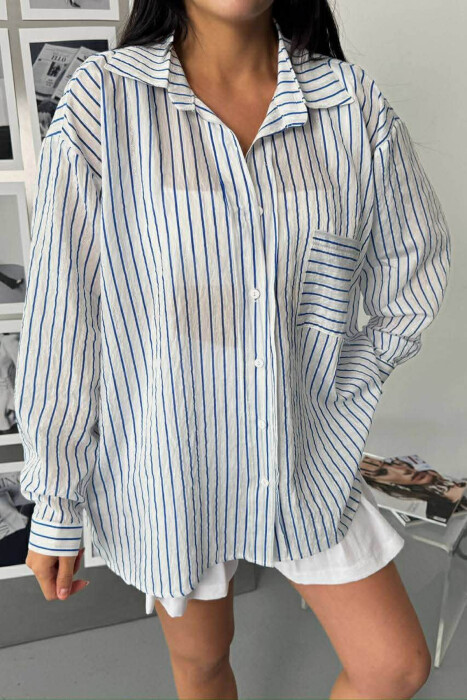 SIMPLE LINES PATTERN FRONT POCKET WOMEN SHIRT BLUE/BLU 