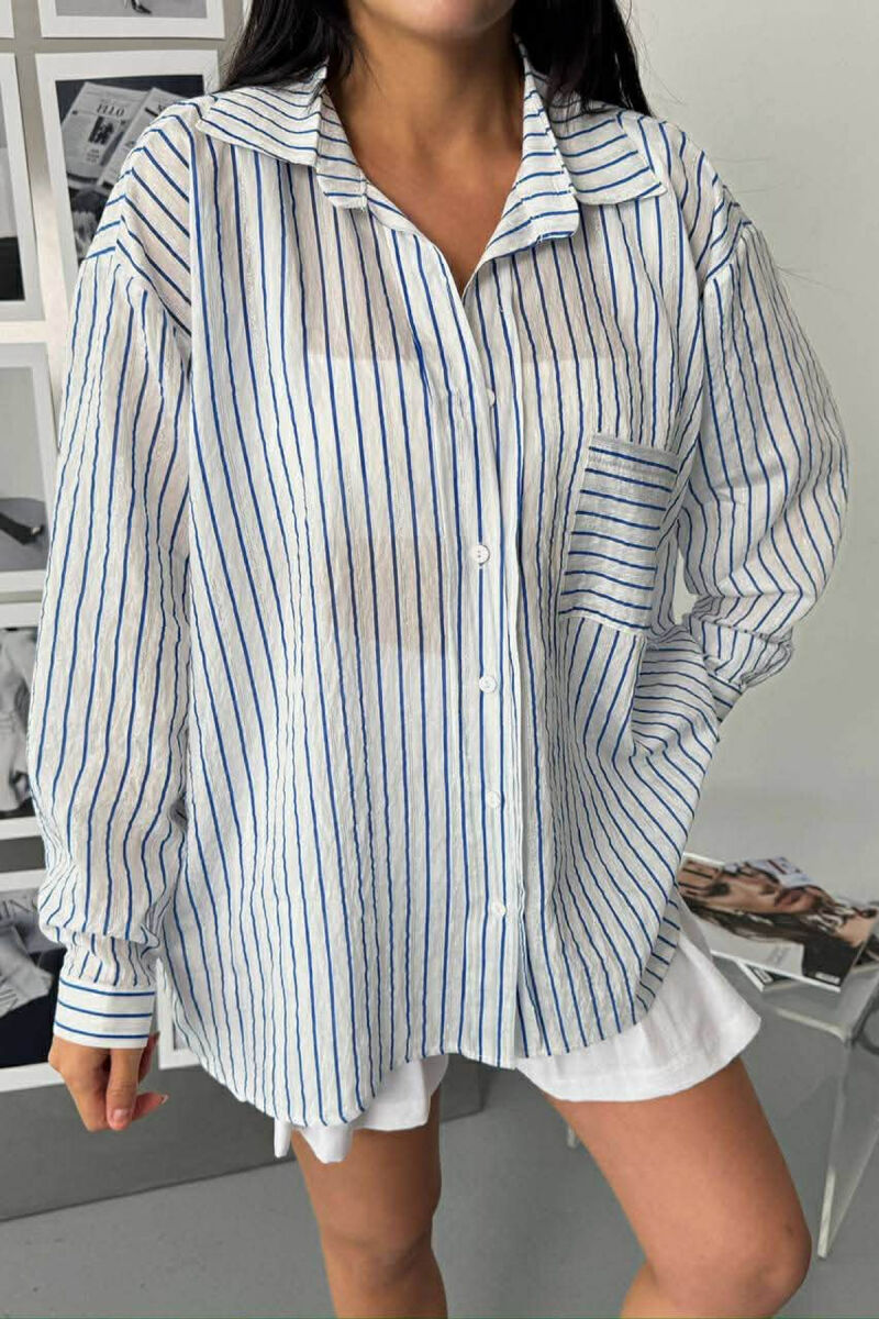 SIMPLE LINES PATTERN FRONT POCKET WOMEN SHIRT BLUE/BLU - 1