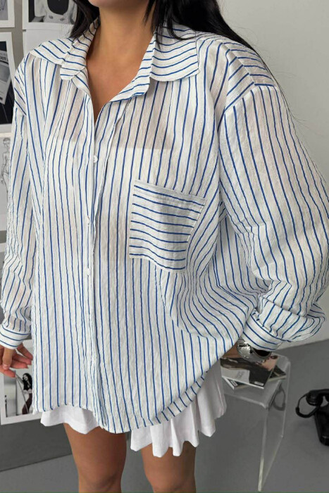 SIMPLE LINES PATTERN FRONT POCKET WOMEN SHIRT BLUE/BLU - 5