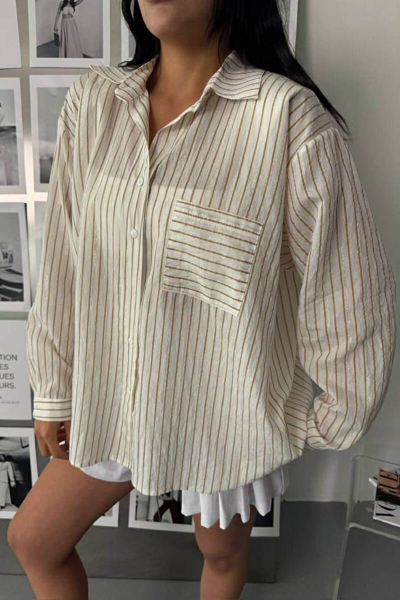 SIMPLE LINES PATTERN FRONT POCKET WOMEN SHIRT CREAM/KREM - 1