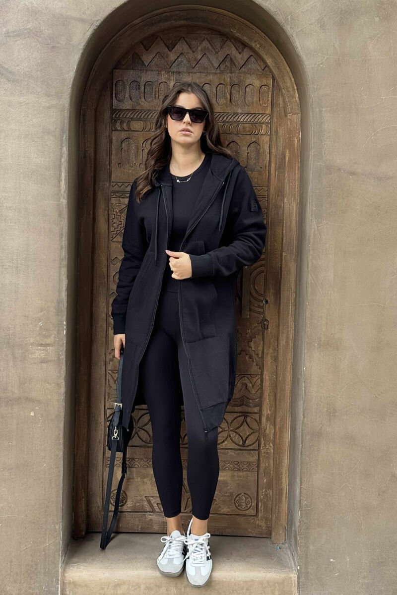 SIMPLE LONG HOOD ONE COLOR WOMEN JACKET BLACK/ E ZEZE - 1
