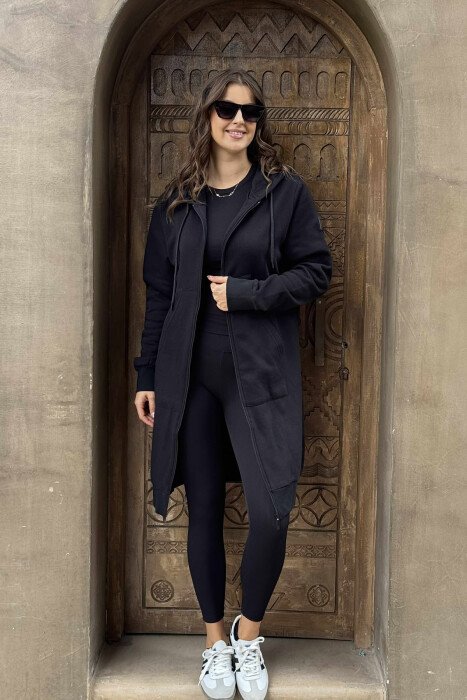SIMPLE LONG HOOD ONE COLOR WOMEN JACKET BLACK/ E ZEZE - 6