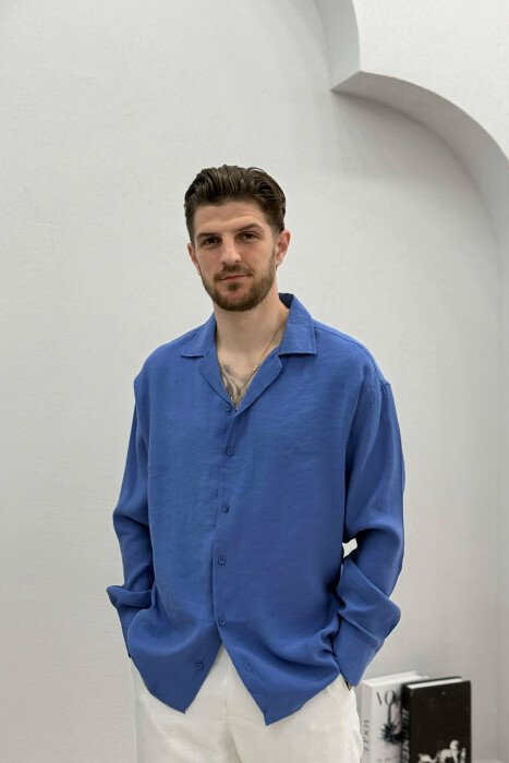 SIMPLE LONG SLEEVE MEN SHIRT BLUE/BLU - KLAUDIO FASHION