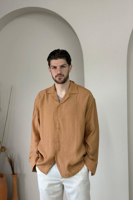 SIMPLE LONG SLEEVE MEN SHIRT BROWN/KAFE - KLAUDIO FASHION
